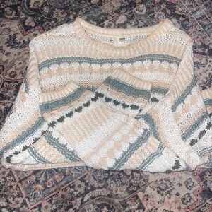 Garage Cream and Green Crew Neck Sweater with Textured Stripes